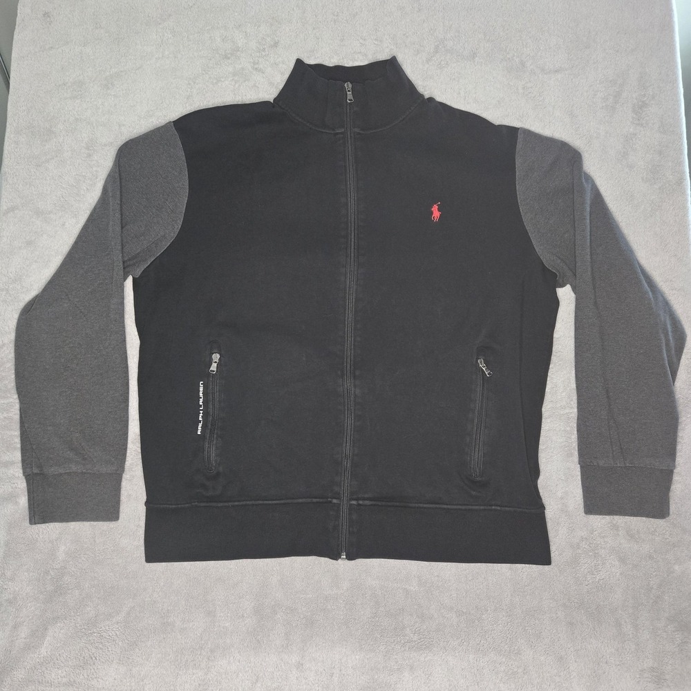 Polo Ralph Lauren Track Jacket Mens XL Black Gray Performance Zip Pockets Sport
